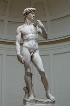 Hình 1.3: David của Michaelangelo. David là một ví dụ về nghệ thuật mà đã được cố ý tạo ra; nó là một Custommade. phong cách này trái ngược với readymades như Fountain (Hình 1.2). nghiên cứu xã hội trong thời đại kỹ thuật số sẽ liên quan đến cả hai readymades và Custommades. Ảnh của Jörg Bittner Unna, 2008. Nguồn: Wikimedia Commons.