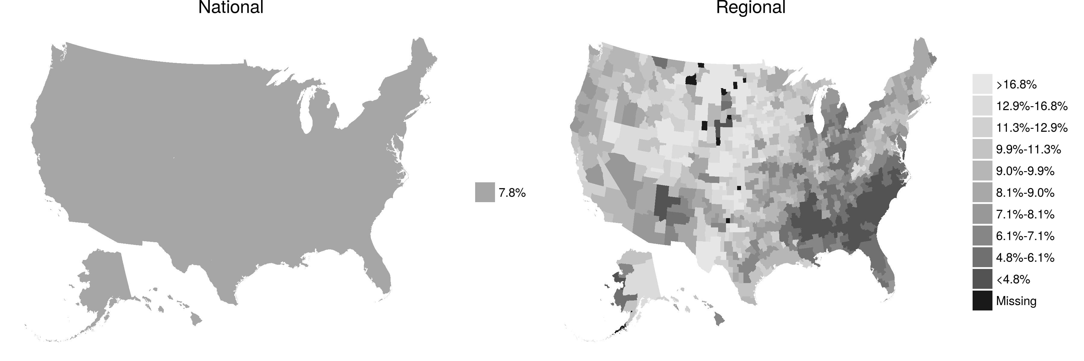 Figura 2.1: Estimacions de les possibilitats d'un nen d'assolir el màxim 20% de la distribució de la renda donada als pares en el 20% inferior (Chetty et al., 2014). Les estimacions a nivell regional, que mostren heterogeneïtat, condueixen naturalment a qüestions interessants i importants que no sorgeixen d'una estimació a nivell nacional. Aquestes estimacions a nivell regional van ser possibles en part perquè els investigadors utilitzaven una gran font de dades: els registres fiscals de 40 milions de persones. Creat a partir de les dades disponibles a http://www.equality-of-opportunity.org/.