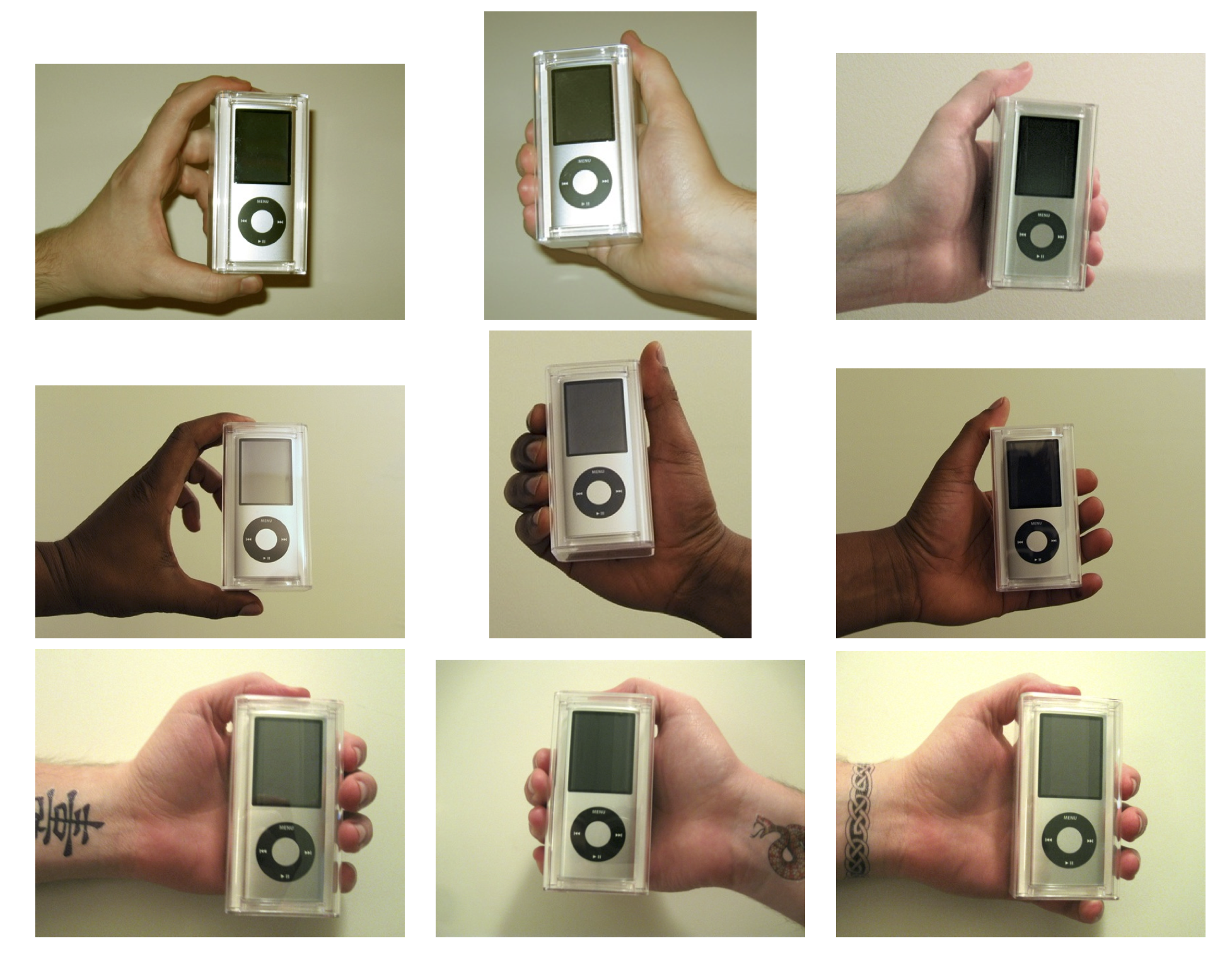 Figura 4.13: As mans utilizadas no experimento de Doleac e Stein (2013). Os iPod vendéronse por vendedores con diferentes características para medir a discriminación nun mercado en liña. Reproducido con permiso de Doleac e Stein (2013), figura 1.