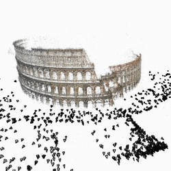 Rajah 5.10: Pembinaan semula 3D Coliseum dari set besar gambar 2D dari projek Building Rome dalam satu hari. Segitiga mewakili lokasi dari mana gambar diambil. Diterbitkan semula dengan izin dari versi html Agarwal et al. (2011).