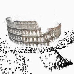 Figura 5.10: Reconstrucția 3D a Coliseumului dintr-un set mare de imagini 2D din proiectul Building Rome in a Day. Triunghiurile reprezintă locațiile din care au fost realizate fotografiile. Reprodus cu permisiunea versiunii html de Agarwal et al. (2011).